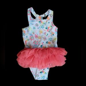 M4)  Cat & Jack Girls Floral One-Piece Swimsuit with Tulle Skirt | Like New